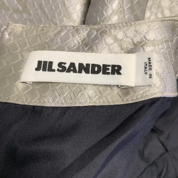 JIL SANDER Size 10 Grey Silver Polyester Silk Embossed A-Line Dress - Picture 5 of 7